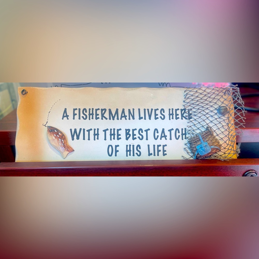 Decorative Fishing Sign with Brown and Blue Accents